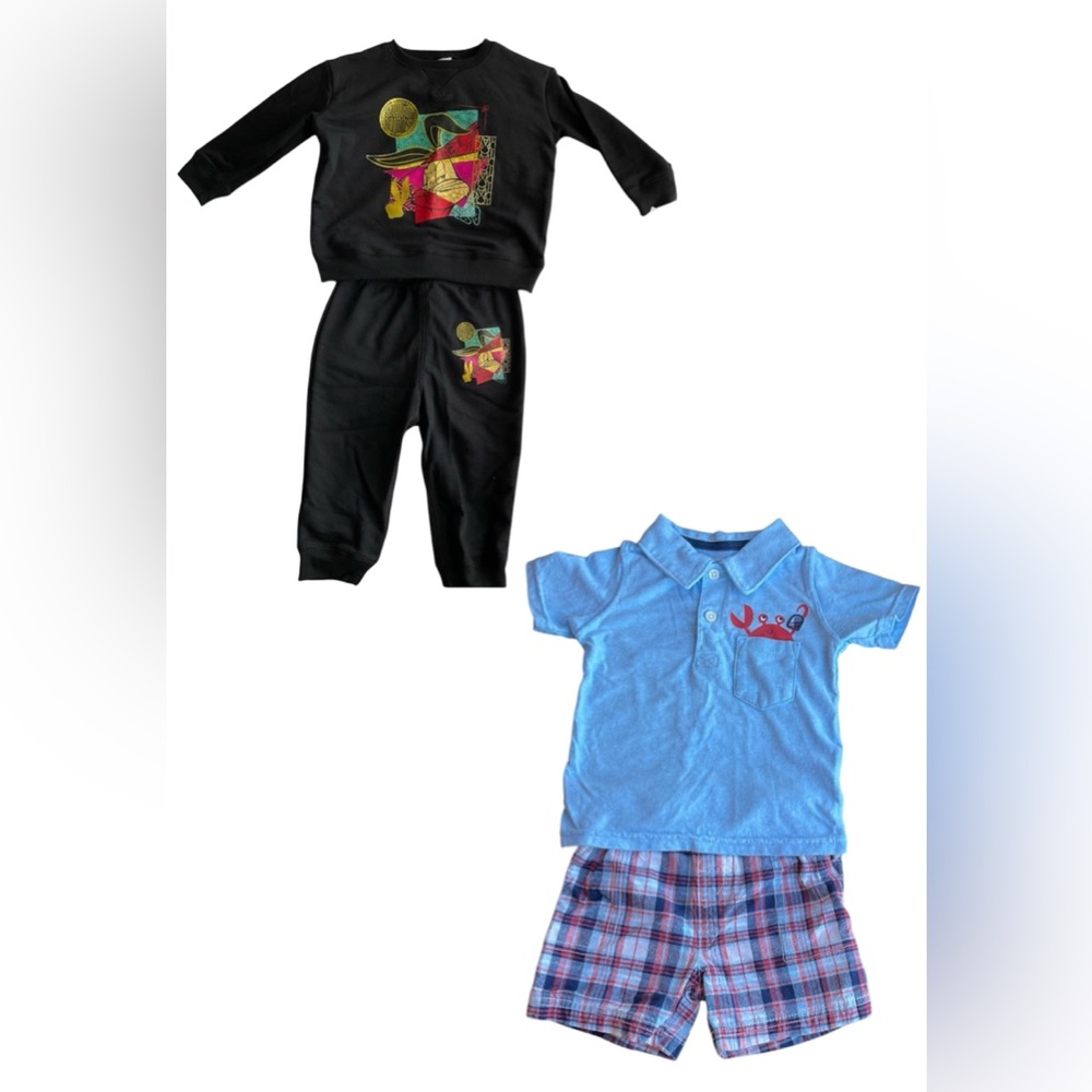 Baby Black Graphic Sweatshirt & Joggers Set with Blue Polo & Plaid Shorts 12 mo